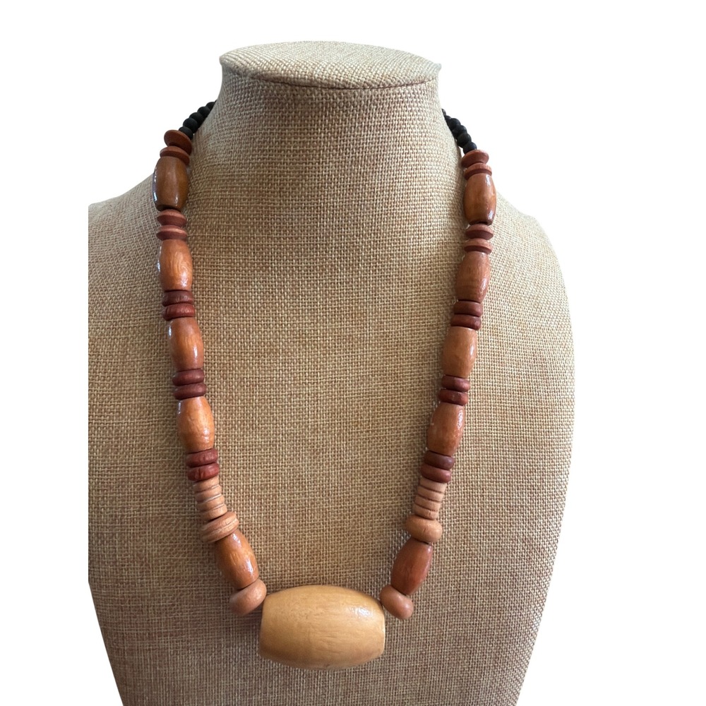Vintage Chunky Wooden Bead Necklace Earthy Brown Black Boho Statement
